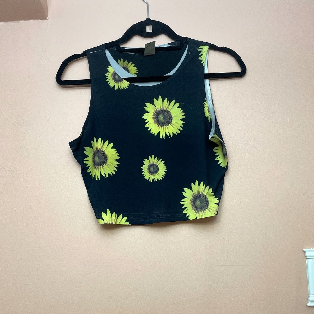 Black tank top with sun flowers